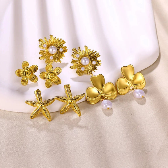 Fashion Imitation Pearl Stainless Steel 18K Gold Electroplated Women's Petal Earrings