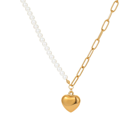 Fashion Imitation Pearl Sweet Heart Pendant Stainless Steel Necklace Plated With Gold Geometric Design