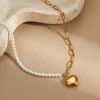 Fashion Imitation Pearl Sweet Heart Pendant Stainless Steel Necklace Plated With Gold Geometric Design