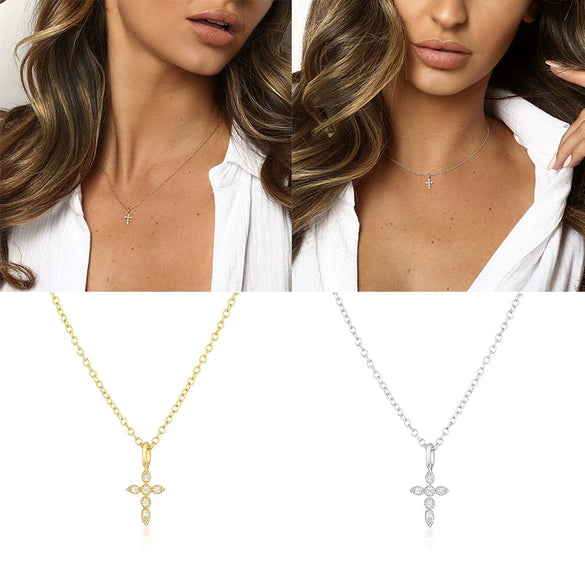 Fashion Ins Creative Mini Cross Collarbone Necklace Copper Artificial Crystal Geometric Electroplated Ochain