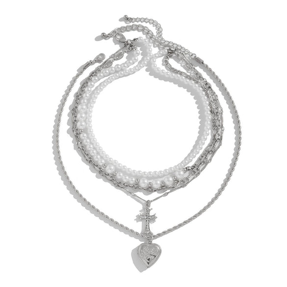 Fashion Ins Diamond Cross Peach Heart Minimalist Alloy Iron Chain Imitation Pearl Beaded Electroplating Geometric Clavicle Necklace For Women
