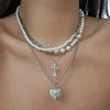 Fashion Ins Diamond Cross Peach Heart Minimalist Alloy Iron Chain Imitation Pearl Beaded Electroplating Geometric Clavicle Necklace For Women