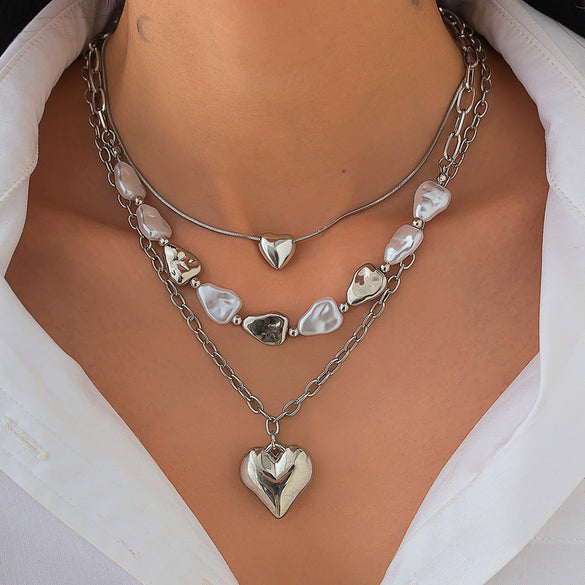 Fashion Ins Metal Love Pendant Necklace Alloy Copper Iron Imitation Pearls Cross Chain Electroplating For Women