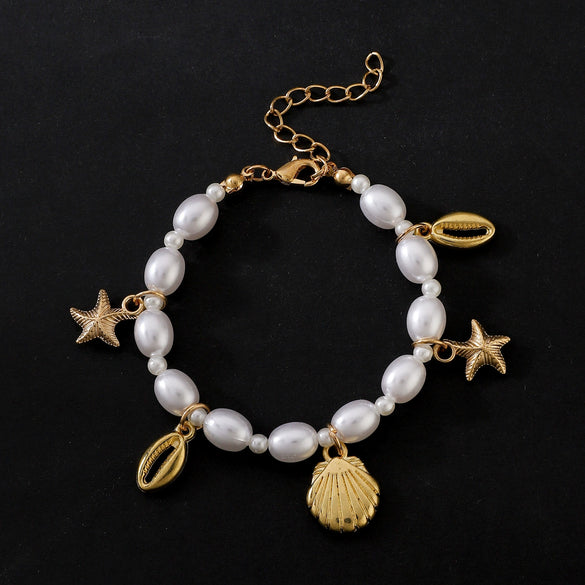 Fashion Irregular Imitation Pearl Bracelet With Starfish Shell Design Electroplated For Women Summer Beach Ocean Series