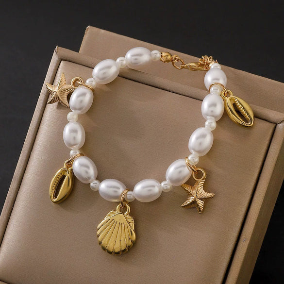 Fashion Irregular Imitation Pearl Bracelet With Starfish Shell Design Electroplated For Women Summer Beach Ocean Series