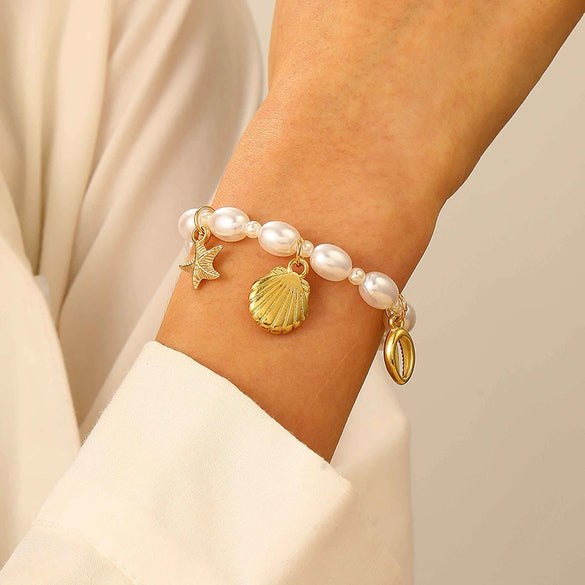 Fashion Irregular Imitation Pearl Bracelet With Starfish Shell Design Electroplated For Women Summer Beach Ocean Series