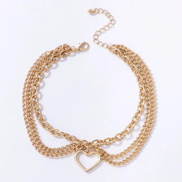 Fashion Jewelry Alloy Heart Shaped Chain Tassel Snake Pendant Three Layer Anklet For Women