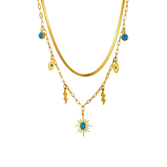 Fashion Jewelry Double Layer Clavicle Chain With Green Eyes Pendant Titanium Steel Geometric Design Electroplating Light Luxury Niche Design Sense Unisex
