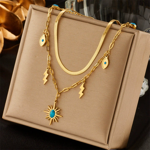 Fashion Jewelry Double Layer Clavicle Chain With Green Eyes Pendant Titanium Steel Geometric Design Electroplating Light Luxury Niche Design Sense Unisex