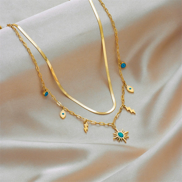Fashion Jewelry Double Layer Clavicle Chain With Green Eyes Pendant Titanium Steel Geometric Design Electroplating Light Luxury Niche Design Sense Unisex
