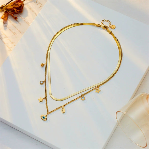 Fashion Jewelry Doublelayered Titanium Steel Star Shell Hollow Eye Pendant Clavicle Necklace Geometric Electroplated