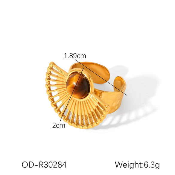 Fashion Jewelry Inlaid Tiger Eye Stone Geometric Ring Titanium Steel Stainless Steel Vacuum Electroplated Set With Gems For Women