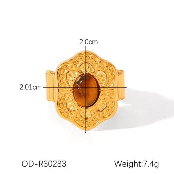 Fashion Jewelry Inlaid Tiger Eye Stone Geometric Ring Titanium Steel Stainless Steel Vacuum Electroplated Set With Gems For Women
