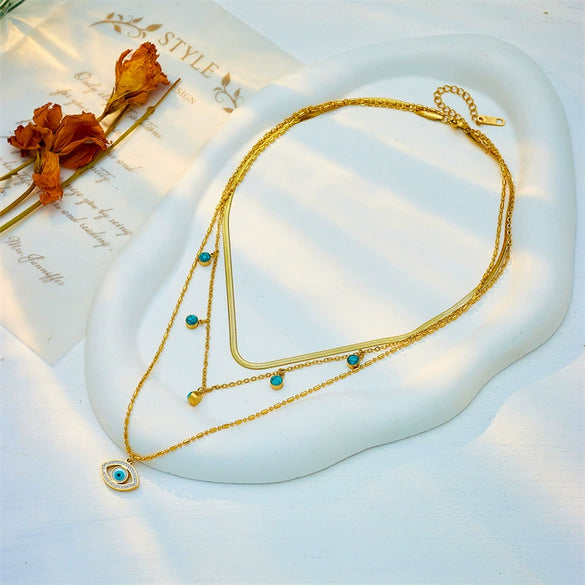 Fashion Jewelry Multilayer Chain Stainless Steel Hollow Diamond Blue Eye Pendant Clavicle Necklace For Women Electroplated Snake Bone Chain