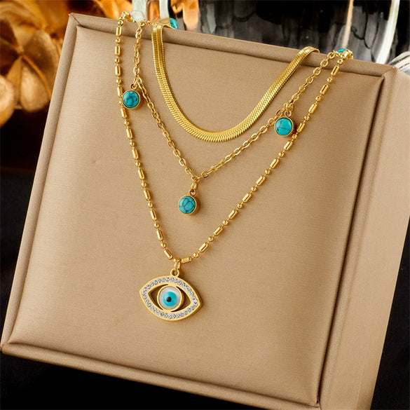Fashion Jewelry Multilayer Chain Stainless Steel Hollow Diamond Blue Eye Pendant Clavicle Necklace For Women Electroplated Snake Bone Chain