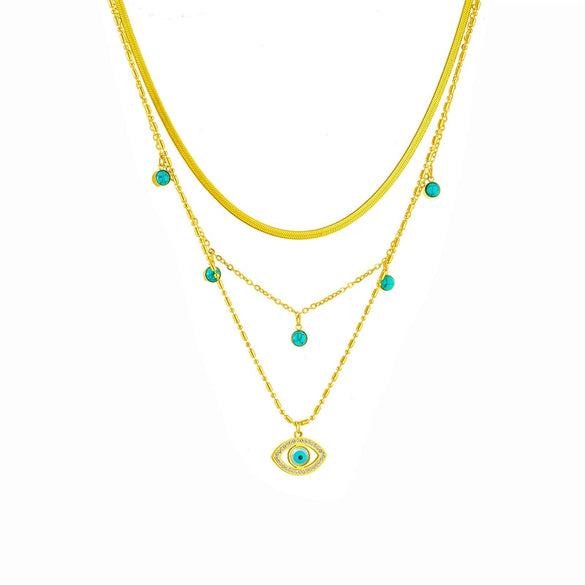 Fashion Jewelry Multilayer Chain Stainless Steel Hollow Diamond Blue Eye Pendant Clavicle Necklace For Women Electroplated Snake Bone Chain