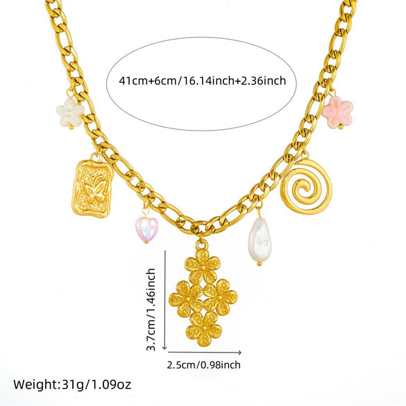 Fashion Jewelry Necklace With Stainless Steel Chain And Goldplated Circle Rhombus Flower Butterfly Square Pendant