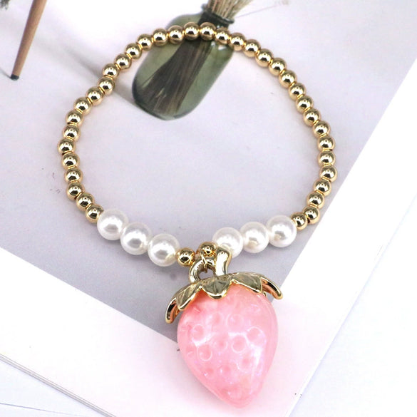 Fashion Jewelry Resin Fruit Strawberry Cherry Pendant Metal Beads Hand Knitted Adjustable Bracelet For Women