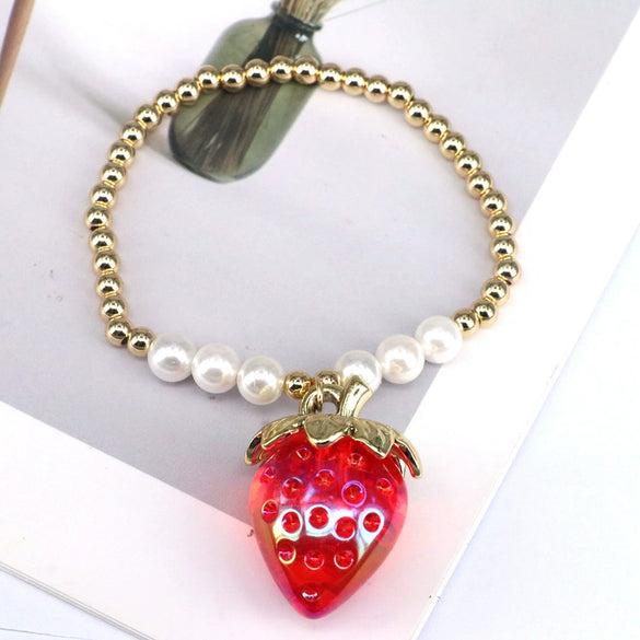 Fashion Jewelry Resin Fruit Strawberry Cherry Pendant Metal Beads Hand Knitted Adjustable Bracelet For Women