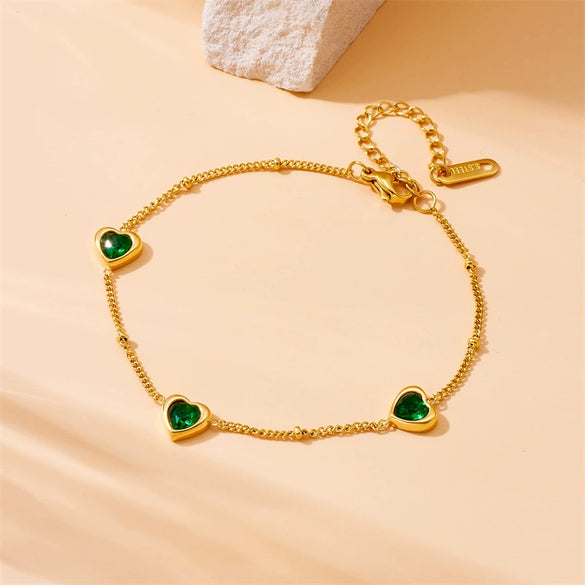 Fashion Jewelry Set Stainless Steel Necklace And Bracelet With Love Water Drops Bells Pattern Inlaid Green Diamond Electroplating