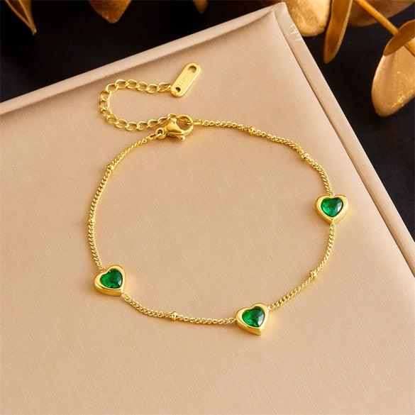 Fashion Jewelry Set Stainless Steel Necklace And Bracelet With Love Water Drops Bells Pattern Inlaid Green Diamond Electroplating