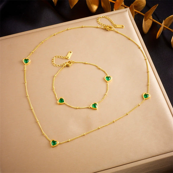 Fashion Jewelry Set Stainless Steel Necklace And Bracelet With Love Water Drops Bells Pattern Inlaid Green Diamond Electroplating