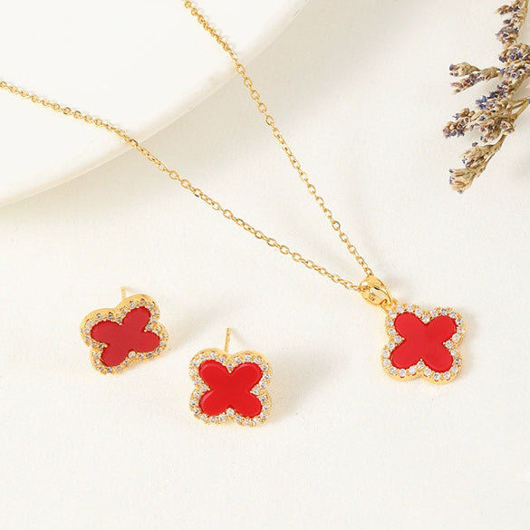 Fashion Jewelry Set With Fourleaf Clover Pattern Titanium Steel And Copper Plated With Real Gold Inlaid Zircon For Women