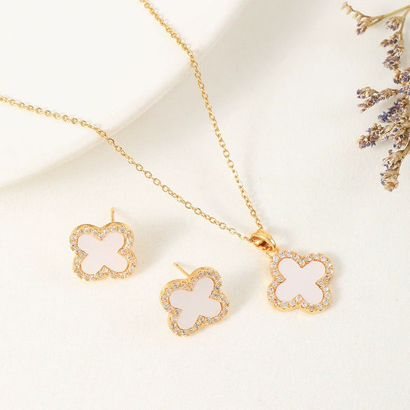 Fashion Jewelry Set With Fourleaf Clover Pattern Titanium Steel And Copper Plated With Real Gold Inlaid Zircon For Women