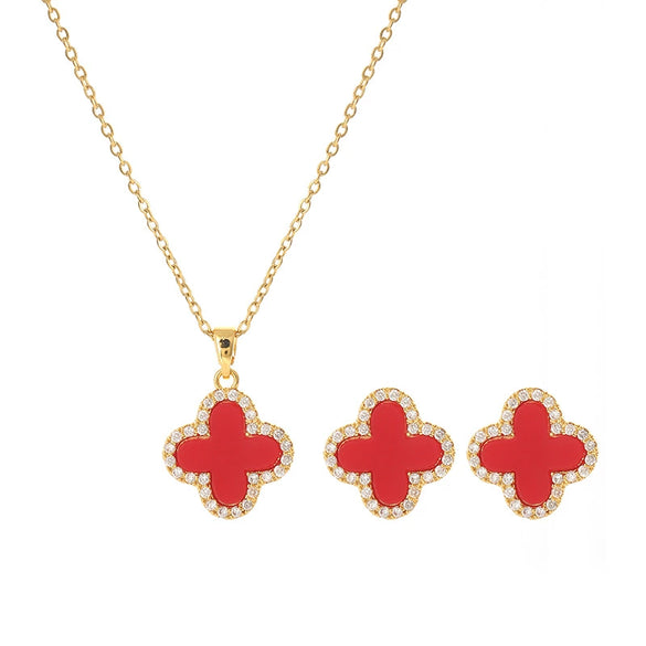 Fashion Jewelry Set With Fourleaf Clover Pattern Titanium Steel And Copper Plated With Real Gold Inlaid Zircon For Women