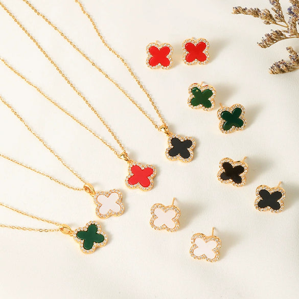 Fashion Jewelry Set With Fourleaf Clover Pattern Titanium Steel And Copper Plated With Real Gold Inlaid Zircon For Women