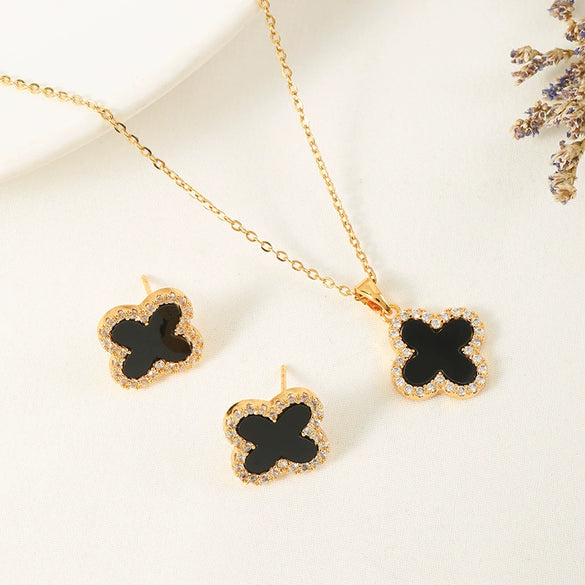 Fashion Jewelry Set With Fourleaf Clover Pattern Titanium Steel And Copper Plated With Real Gold Inlaid Zircon For Women