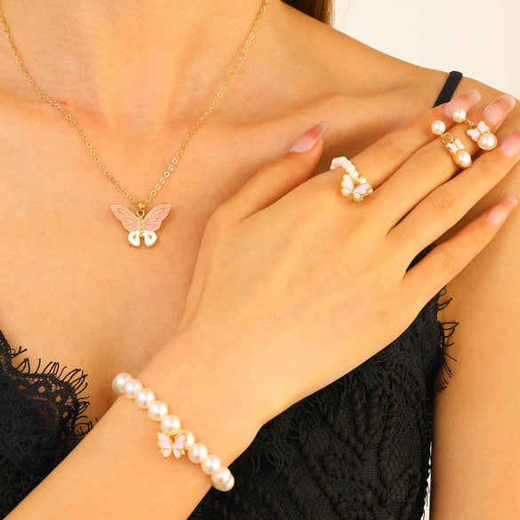 Fashion Jewelry Set With Imitation Pearl And Alloy Butterfly And Dragonfly Pattern Electroplated For Women