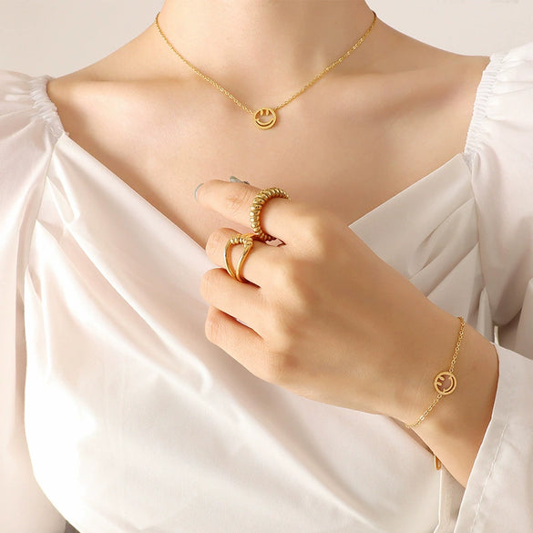 Fashion Jewelry Set With Smile Face Hollow Pendant Titanium Steel 18K Gold Plated Earrings Necklace Bracelet
