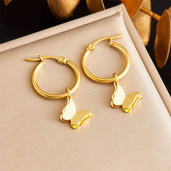 Fashion Jewelry Stainless Steel Butterfly Insect Pattern Gold Plated Accessories Necklace Ring Earrings Set