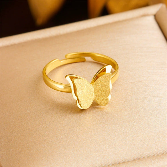 Fashion Jewelry Stainless Steel Butterfly Insect Pattern Gold Plated Accessories Necklace Ring Earrings Set