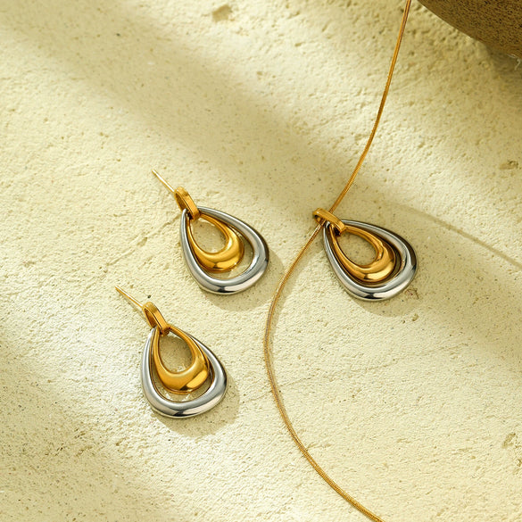 Fashion Jewelry Stainless Steel Double Color Matching Water Drop Pendant Necklace Earrings Suit With Electroplating Treatment