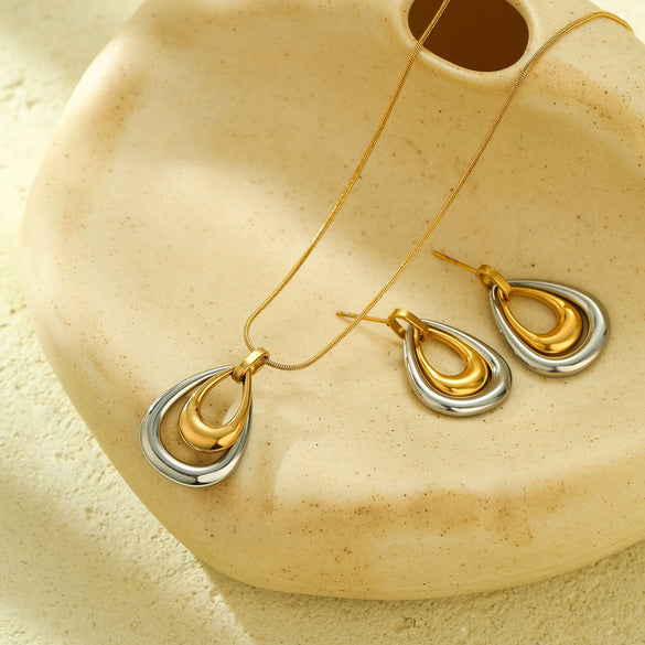 Fashion Jewelry Stainless Steel Double Color Matching Water Drop Pendant Necklace Earrings Suit With Electroplating Treatment