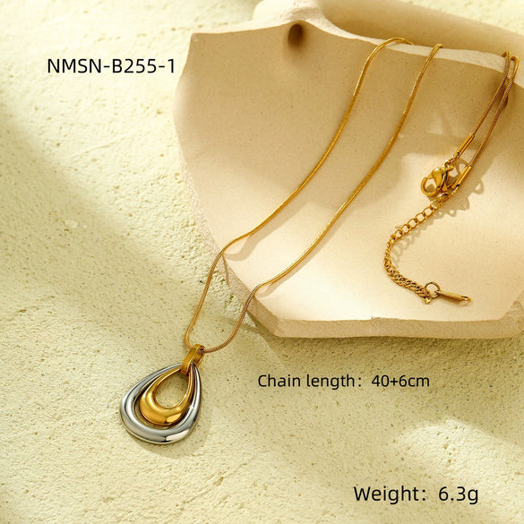 Fashion Jewelry Stainless Steel Double Color Matching Water Drop Pendant Necklace Earrings Suit With Electroplating Treatment