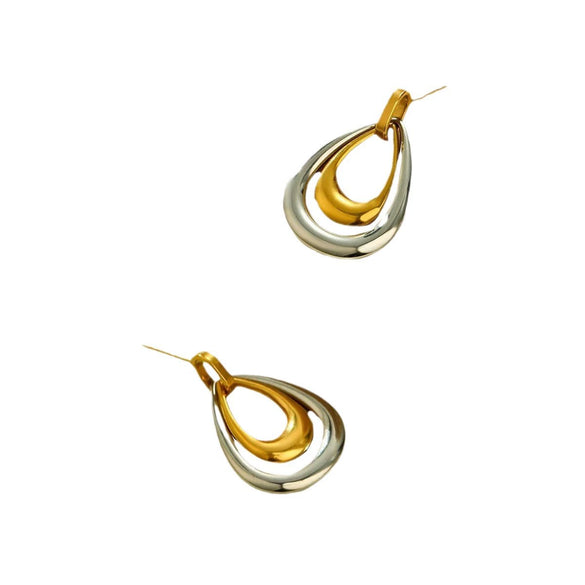 Fashion Jewelry Stainless Steel Double Color Matching Water Drop Pendant Necklace Earrings Suit With Electroplating Treatment