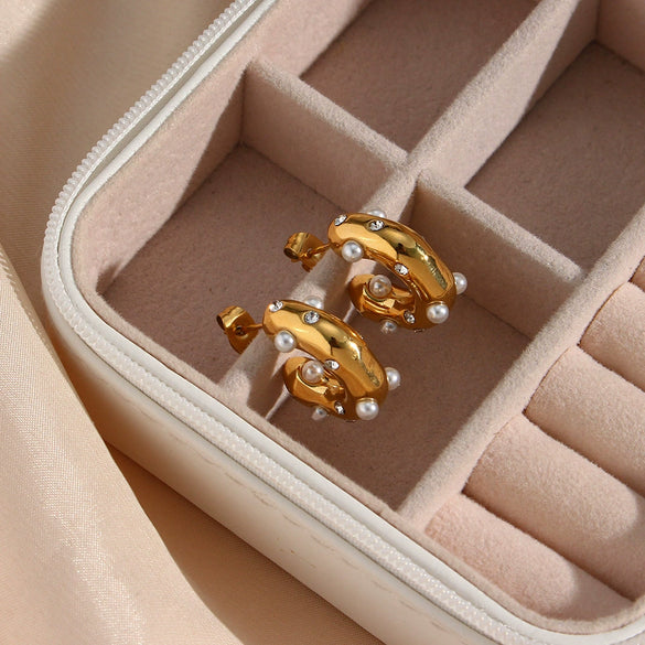 Fashion Jewelry Stainless Steel Earrings Plated 18K Gold Cshaped With Zircon And Pearl Inlaid Geometric Style For Women