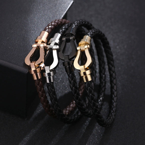 Fashion Jewelry Stainless Steel Leather Bracelet With U Shape Styling And Electroplating For Women