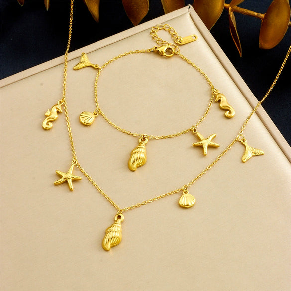 Fashion Jewelry Stainless Steel Marine Life Pendant With Electroplating Starfish Hippocampus Conch Accessories Chain
