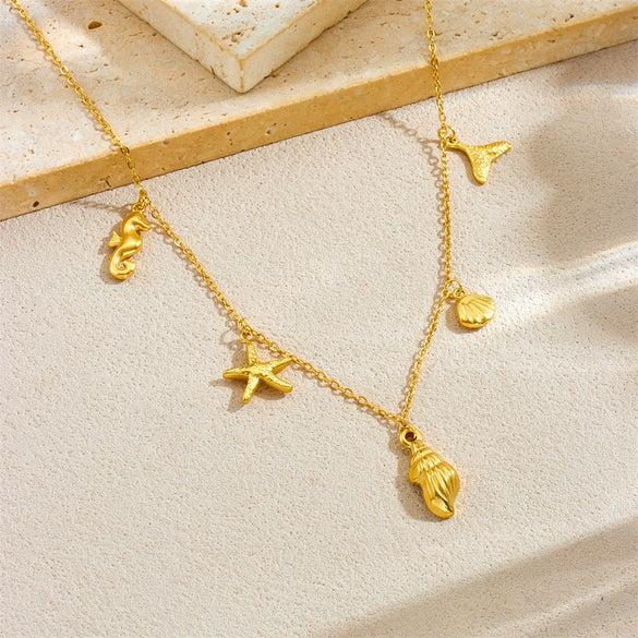 Fashion Jewelry Stainless Steel Marine Life Pendant With Electroplating Starfish Hippocampus Conch Accessories Chain