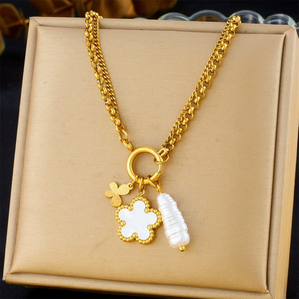 Fashion Jewelry Stainless Steel Pendant With Shellfish Flower Butterfly Pearl And Stacked Chain Electroplating For Women