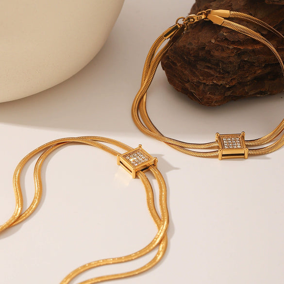 Fashion Jewelry Stainless Steel Square Inlaid Zircon Rhinestone Doublelayer Necklace Bracelet For Women