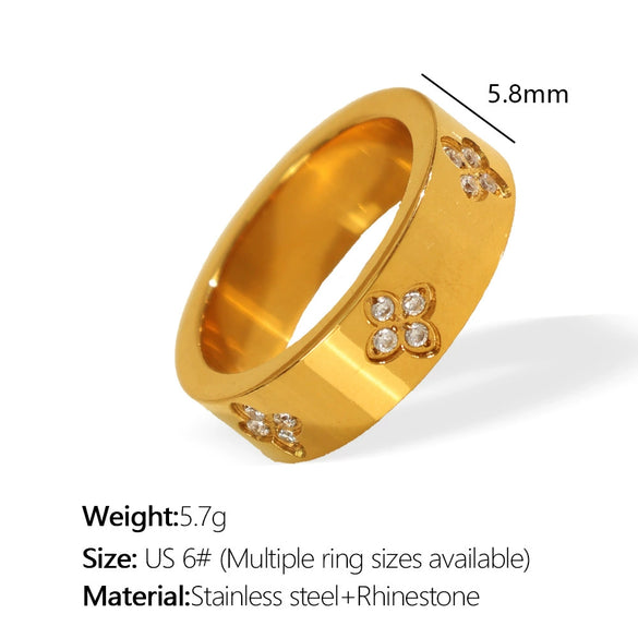 Fashion Jewelry Women's Fourleaf Clover Zircon 316L Stainless Steel Ring With Geometric Style And Electroplating