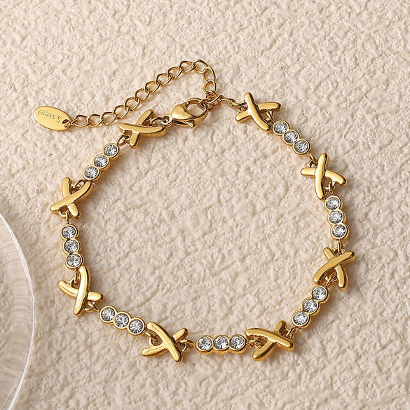 Fashion Jewelry Xshaped 316L Stainless Steel Inlaid With Rhinestone Plated 18K Gold Bracelet For Women