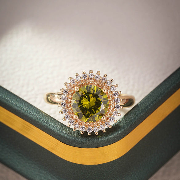 Fashion Jewelry Zircon Ring Women's Creative Gold Plated Copper Olive Greenstone Geometric