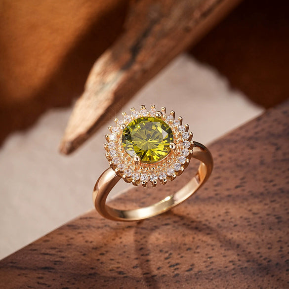 Fashion Jewelry Zircon Ring Women's Creative Gold Plated Copper Olive Greenstone Geometric