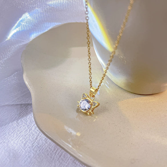 Fashion Kitten Pendant Titanium Steel Necklace With Mixed Gemstone Inlay And Diamond Design For Women